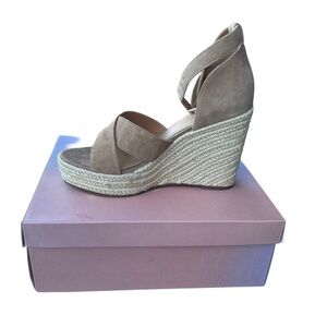 Tan Wedge Sandals with Ankle Strap and Braided Heel